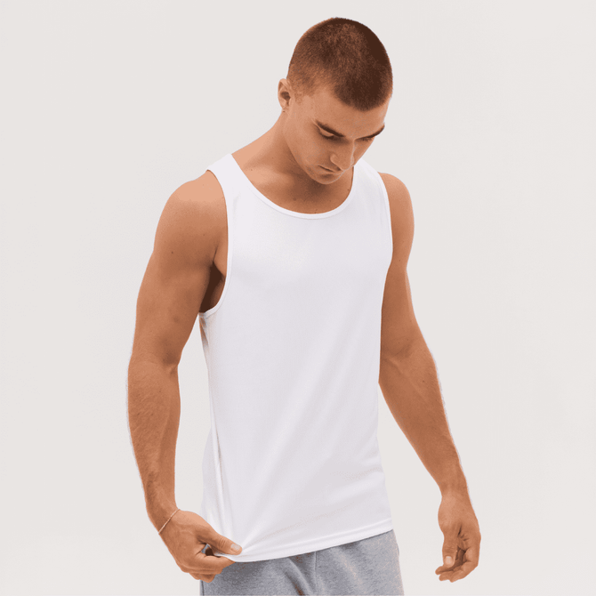 A white athletic singlet with a sleek design, featuring a logo on the side. The model is in a neutral pose.