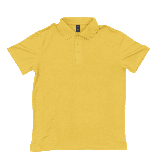 A yellow polo shirt with a collar and short sleeves, featuring a branding logo.