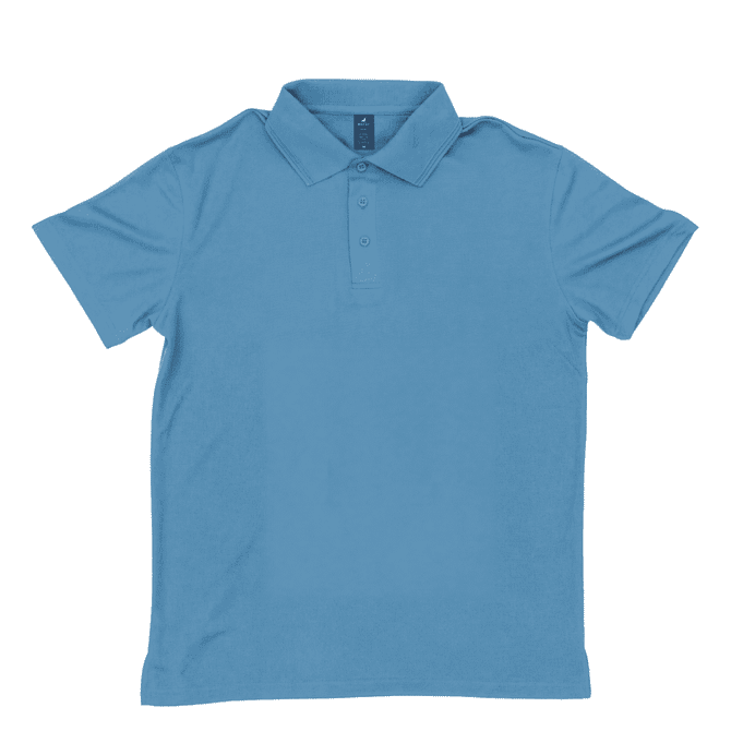 A blue polo shirt with a collar and a logo on the front. The shirt has a classic cut and short sleeves.
