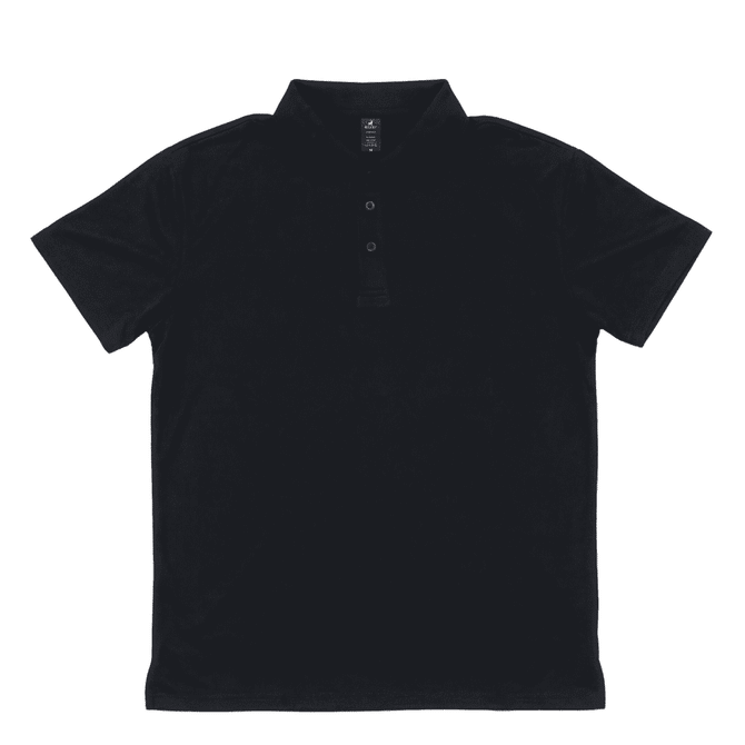 A black polo shirt featuring a three-button placket and a subtle logo on the collar.