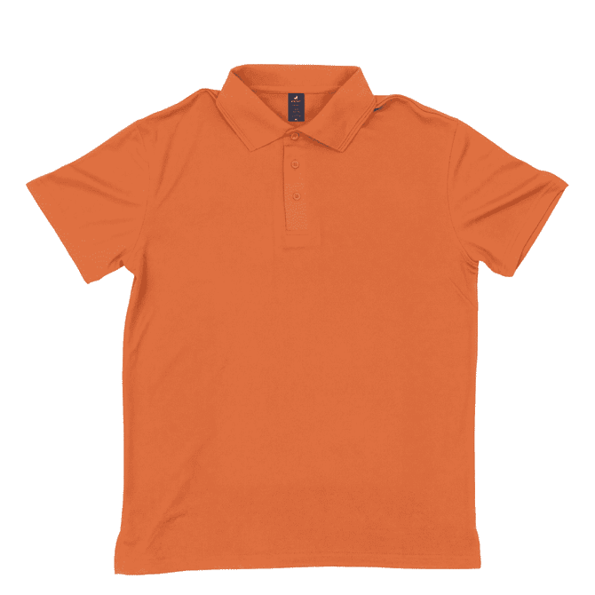 An orange polo shirt featuring a classic collar and three-button placket. It has a logo on the label.