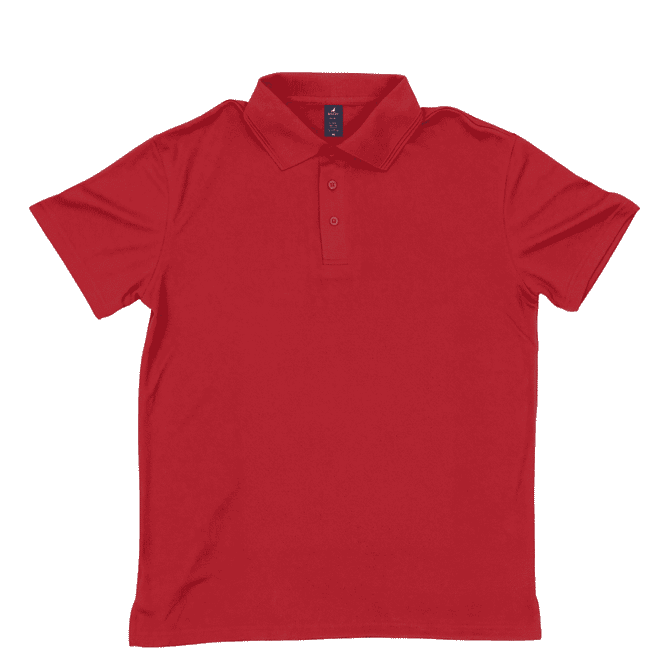 A red polo shirt featuring a classic collar and button placket, with a logo on the chest.