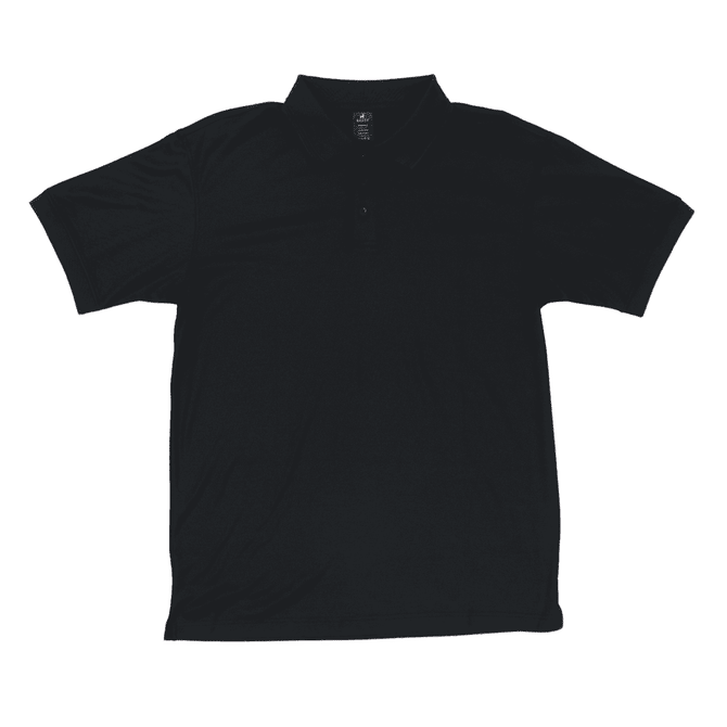 A black polo shirt featuring a collar and three buttons, with a small logo on the front.