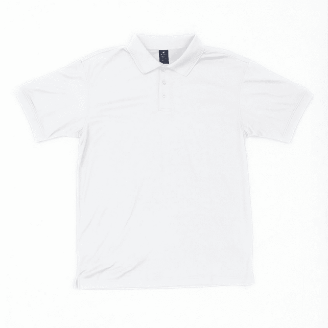 A white polo shirt with short sleeves and a collar, featuring a logo on the front.