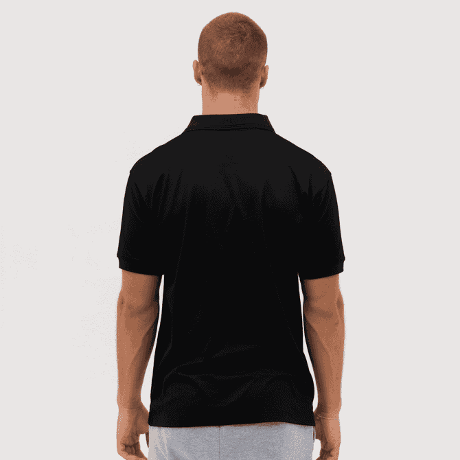 A black polo shirt displayed on a model from the back, featuring short sleeves and a collar.