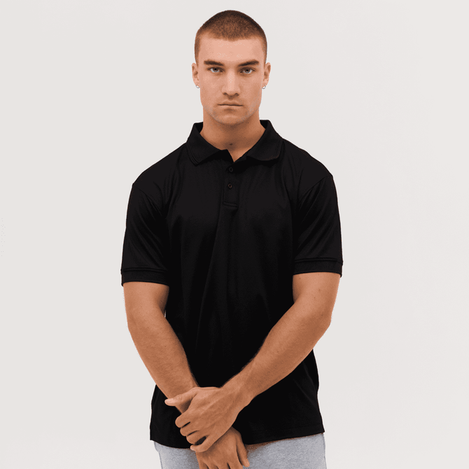 A black polo shirt is featured, displayed on a model with a neutral background. The shirt has a collar and short sleeves.