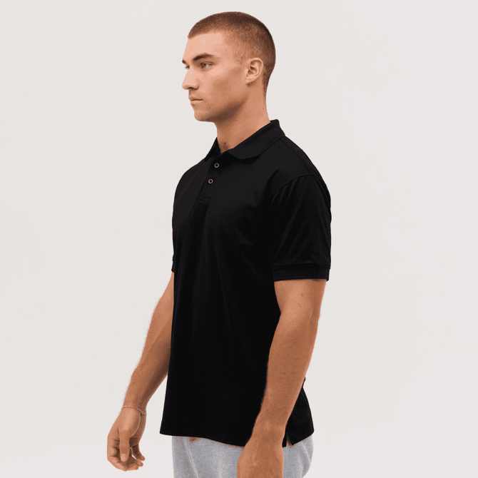 A black polo shirt displayed on a model, featuring a collar and short sleeves. It includes a logo on the chest.