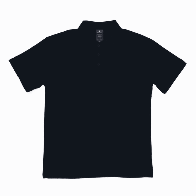 A black polo shirt with a collar and three buttons, featuring a branding label on the inside.