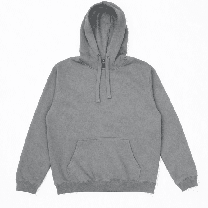 A grey hoodie with a front pocket and drawstrings attached to the hood. It features a logo.