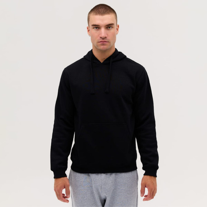 A black hooded sweatshirt featuring a front pouch pocket and drawstrings, worn by a model.