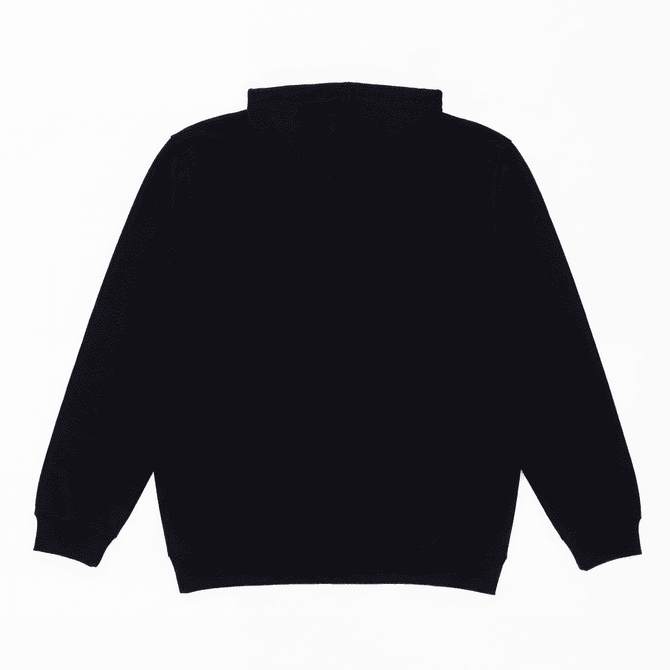 A black hooded sweatshirt with a smooth texture and long sleeves, featuring a hood and a plain back.
