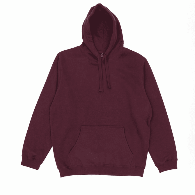 A burgundy hoodie featuring a front pocket and a drawstring hood. The garment has a logo on the front.
