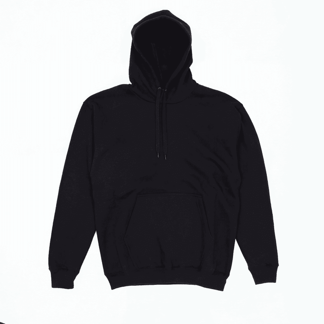 A black hoodie with a front pocket and a drawstring hood. It features a logo.