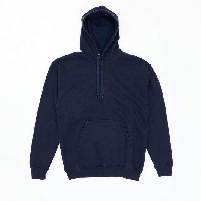 A navy blue hooded sweatshirt with a front pocket and drawstring closures. It has a simple, unadorned design.