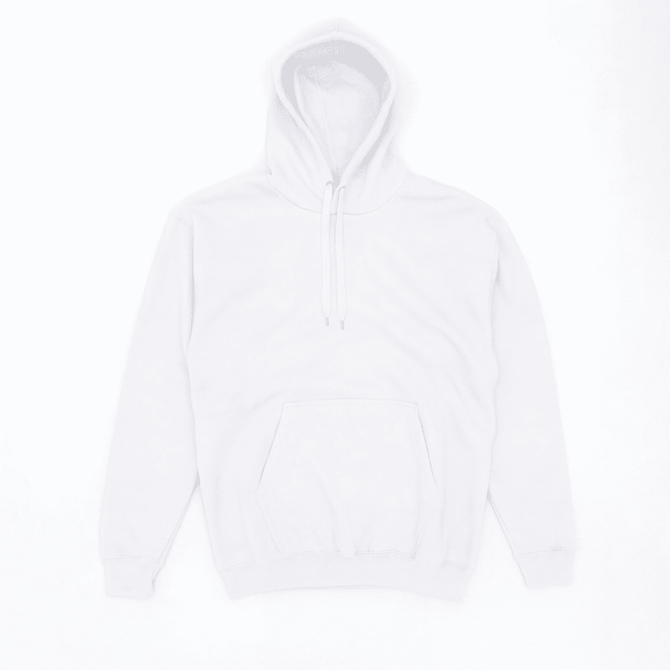 A white hoodie featuring a front pocket and an adjustable drawstring hood. It has a logo on the front.