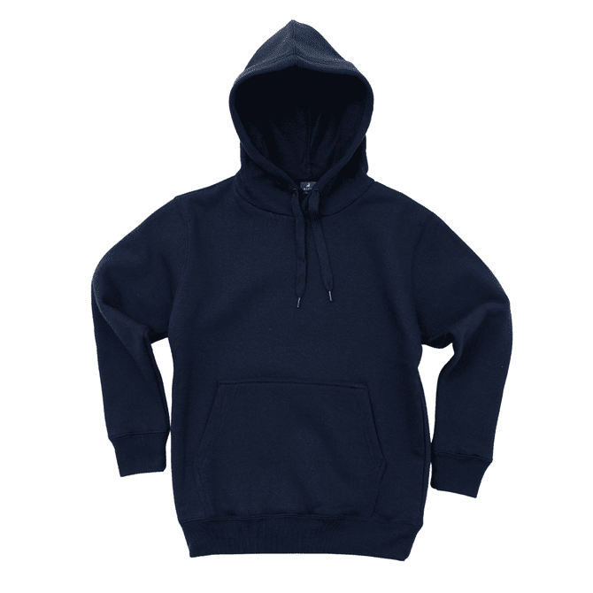 A navy blue hoodie with a front pocket and a drawstring hood, featuring a logo.