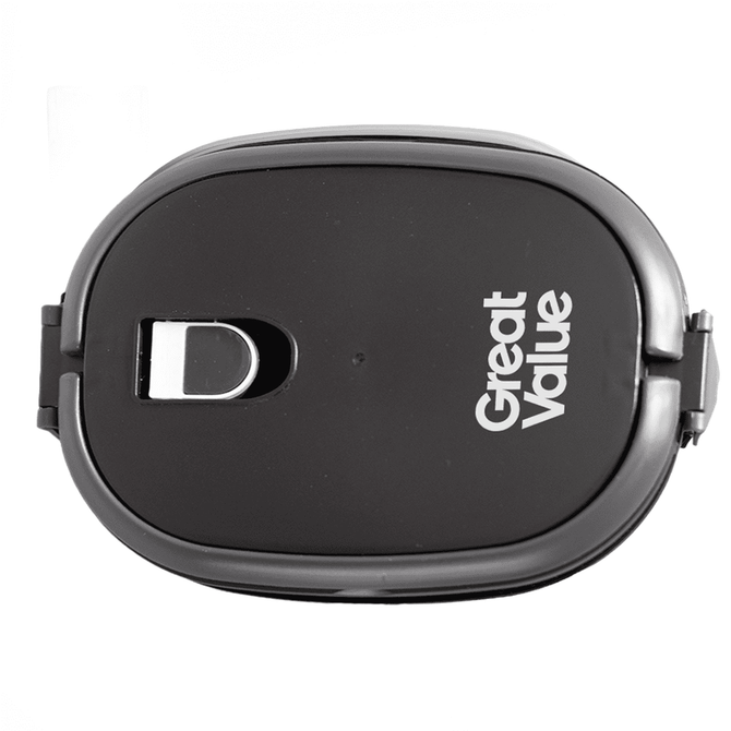 A lunch box in black with a grey clasp and a logo. Designed for convenient storage and transport.