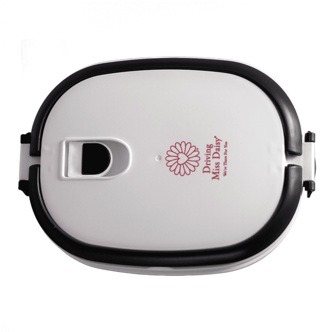 A white lunch box with a black seal, featuring a logo on the lid. It has a secure latch for closure.