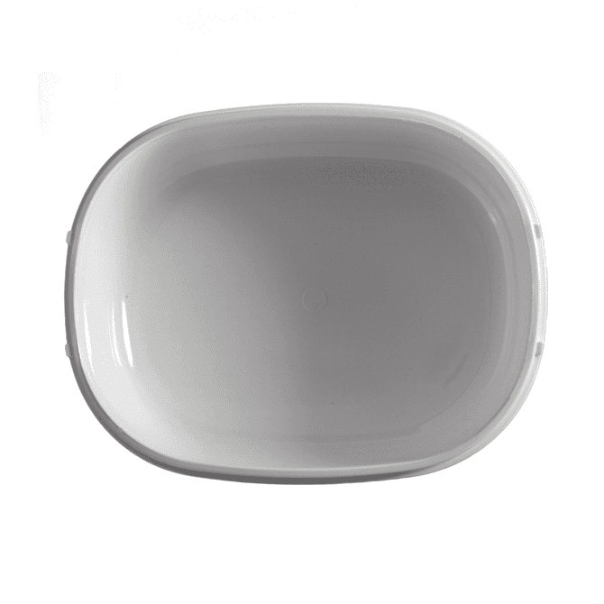 A white lunch box with a smooth interior and rounded edges. It has a logo on the side.