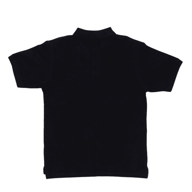 A black polo shirt with a classic collar and short sleeves. The shirt features a logo on the front.