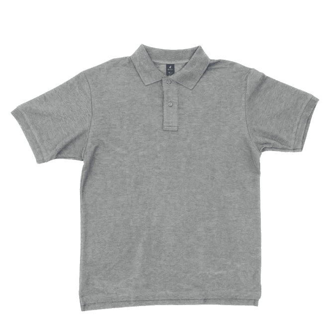 A grey polo shirt with a collar and three buttons, featuring a logo on the chest.