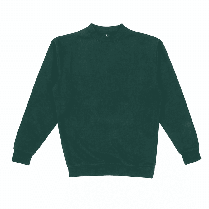 A green crew neck sweatshirt with long sleeves and a ribbed cuff design, featuring no visible branding.