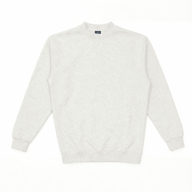 A light grey crew sweatshirt with a round neck and long sleeves. It features a small logo on the collar.