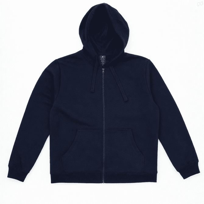A navy zip hoodie featuring a hood and front pockets, with a logo on the label.