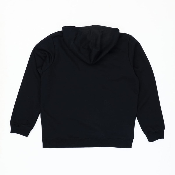 A black zip-up hooded sweatshirt with a simple design and a hood, featuring a logo.