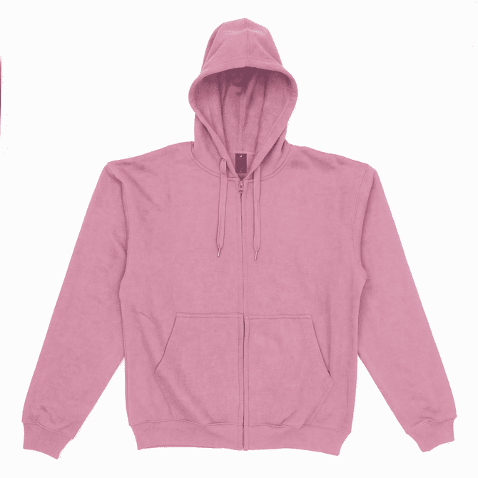 A pink zipped hooded sweatshirt with a front pocket and drawstring hood. It features a logo on the chest area.
