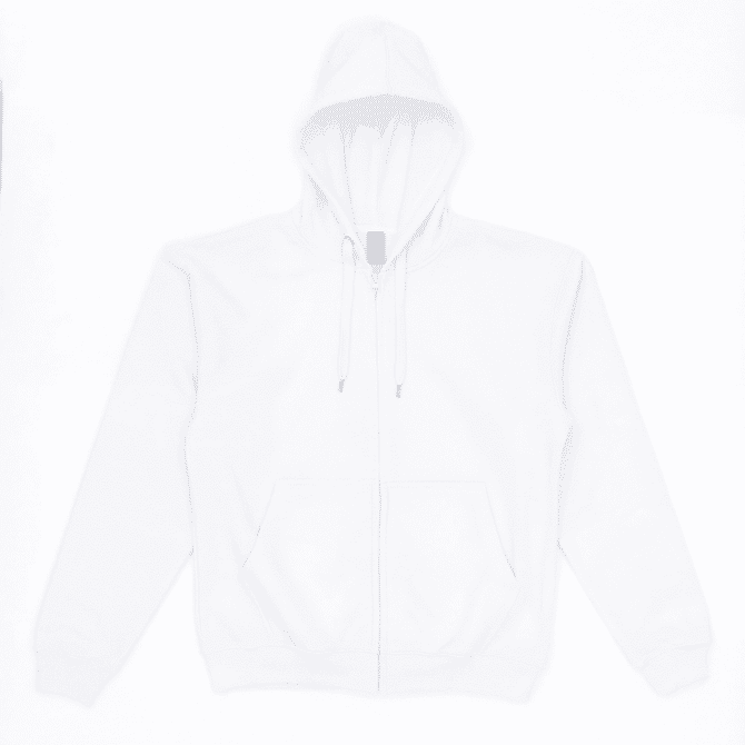 A white zip-up hoodie featuring a hood and a front pocket, with a branding label on the side.