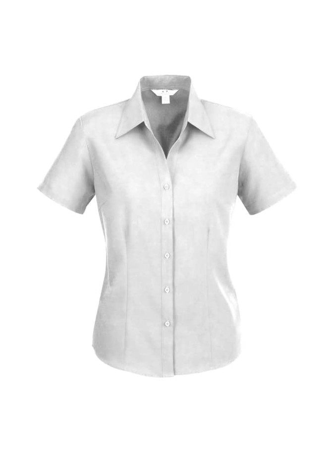 A plain short sleeve button-up shirt in light grey, featuring a classic collar and buttons down the front. There is a logo present.