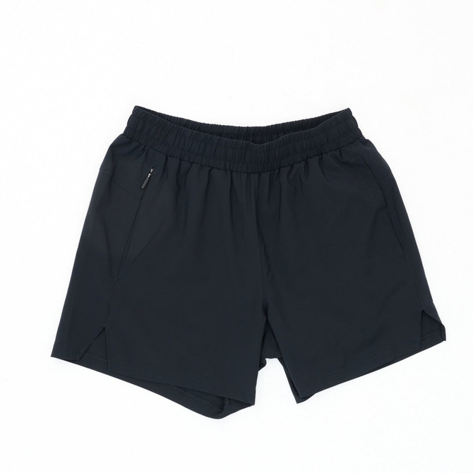 Black running shorts with an elastic waistband and side pockets, featuring a logo on one side.