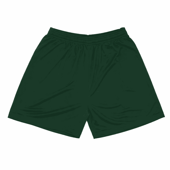 A pair of dark green shorts with an elastic waistband, featuring a smooth fabric texture.