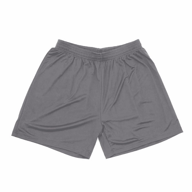 Grey shorts made from lightweight fabric, featuring an elastic waistband and a logo.