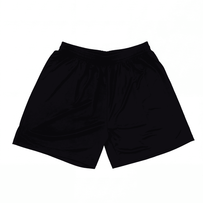 Black shorts with an elastic waistband, featuring a simple design and a logo on one side.