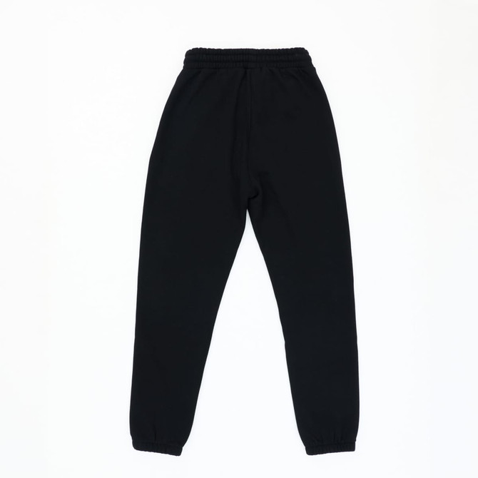 Black track pants with an elastic waistband and cuffs, featuring a logo on the waistband.