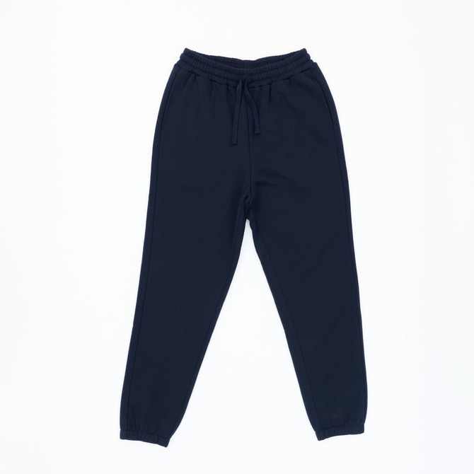 Dark blue track pants with an elastic waistband and a drawstring, featuring a brand logo.