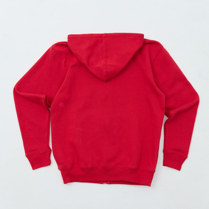 A red zip hoodie with a hood and long sleeves, featuring a plain back and elastic cuffs.