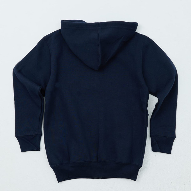 A navy blue hooded zip sweatshirt with a kangaroo pocket and long sleeves, featuring a brand logo.