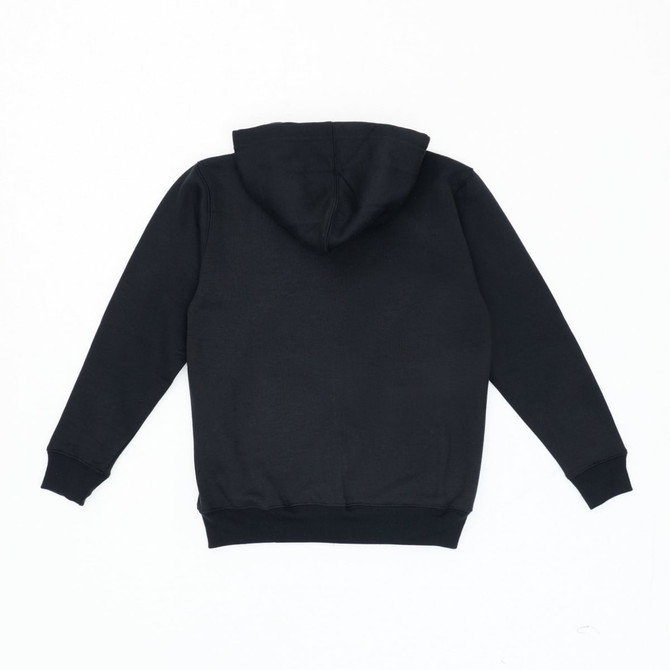 A black zip hoodie featuring a hood and ribbed cuffs, with a logo on the back.