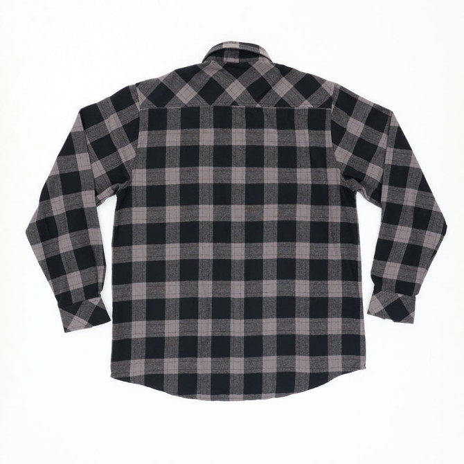 A flannel long sleeve shirt in black and grey check pattern, featuring a classic back design and a collar.