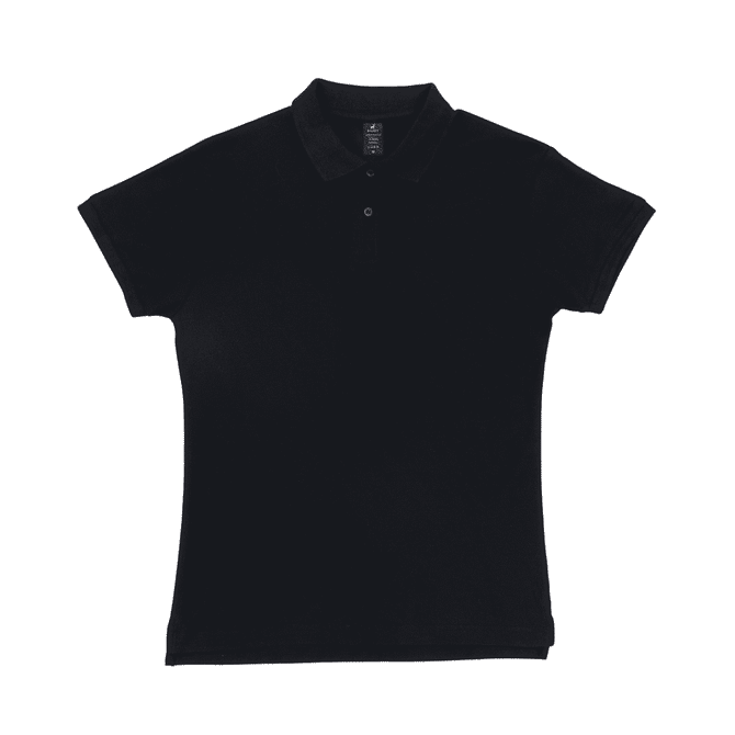 A black women's polo shirt with a collared neckline and short sleeves, featuring a logo on the chest.