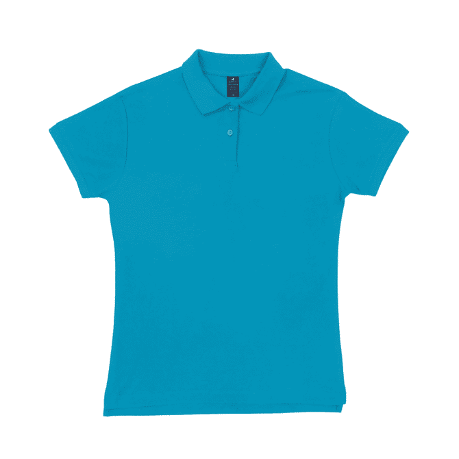 A women's polo shirt in a vibrant turquoise colour, featuring a collar and short sleeves. It has a branding logo.