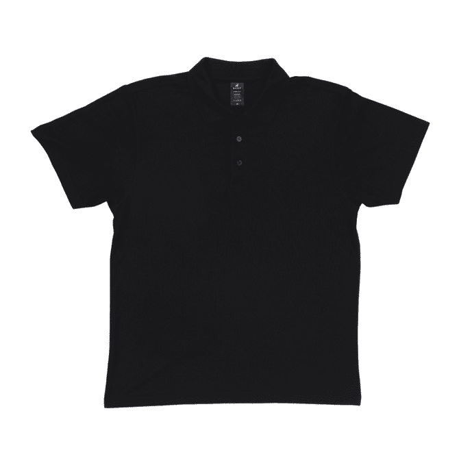 A black women's polo shirt features a collared neck and short sleeves, with a logo on the chest area.