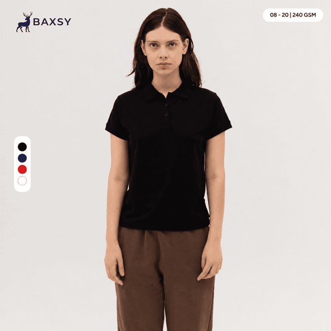 A black women's polo shirt with a collar, featuring short sleeves and a logo on the chest.