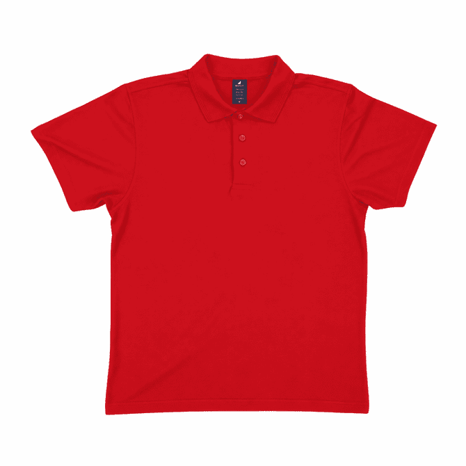 A red women's polo shirt featuring a collar, buttons, and a brand logo.