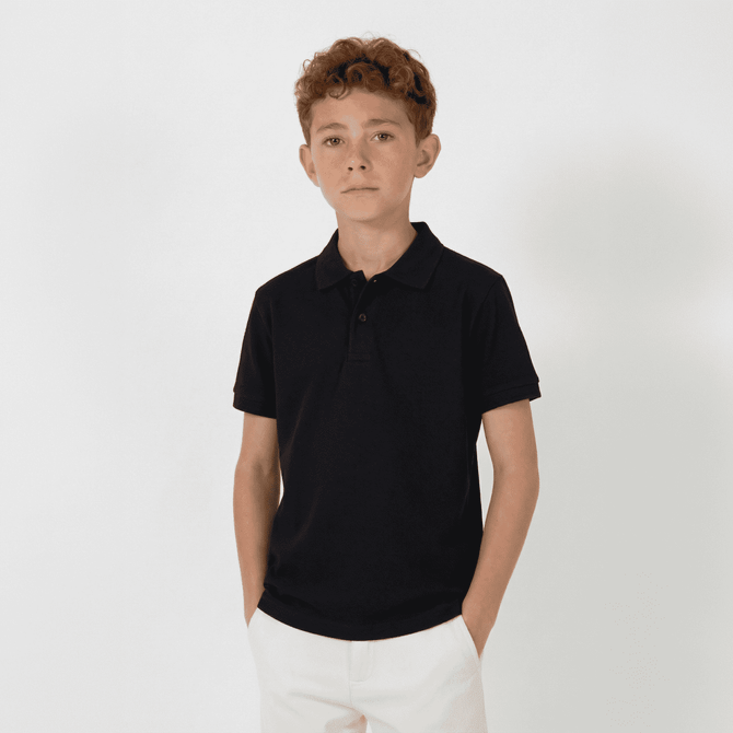 A youth black polo shirt with a collar and short sleeves, featuring a logo on the chest.