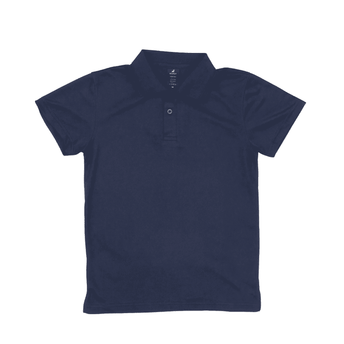 A navy blue Youth Core Polo with a collar and three button placket, featuring a branding logo.