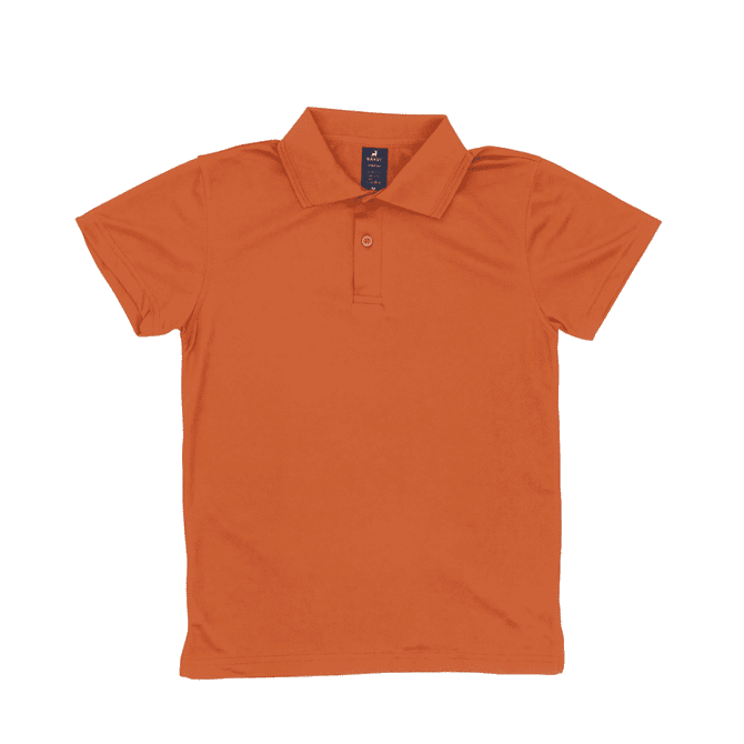 An orange polo shirt with a collar and short sleeves, featuring a logo on the neckline.